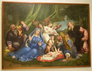 34-adorazione del Bambino. Sono rappresentate le due famiglie: San Giuseppe, Maria, Gesù, Giovanni Battista, Elisabetta e Zaccaria