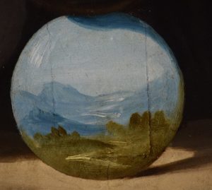 65-ai suoi piedi una sfera che riflette il panorama alle spalle del pittore